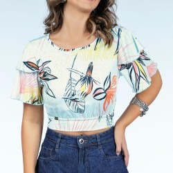 Blusa Floral Menta com Mangas de Babados